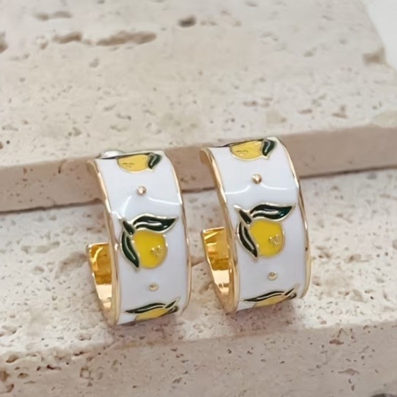 Jewelry - NEW Bohemian Gold and White Lemon Hoop Earrings - Summer